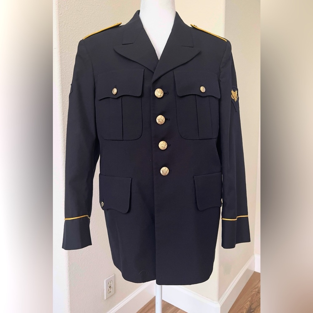Vintage Military Dress Coat 38X-Short Navy Blue Wool Blend w/Gold Trim & Buttons